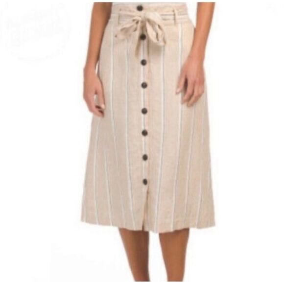Rachel Zoe 100% linen striped  belted button up midi skirt size Small - Picture 1 of 8